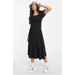 Monki Noelle smocked puff sleeve midi dress